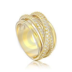 3D illustration isolated gold decorative diamond criss cross ring with reflection