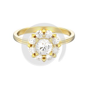 3D illustration isolated gold halo wedding diamond ring with heart prongs