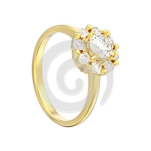 3D illustration isolated gold halo wedding diamond ring with heart prongs