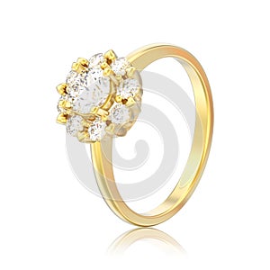 3D illustration isolated gold halo wedding diamond ring with heart prongs with reflection