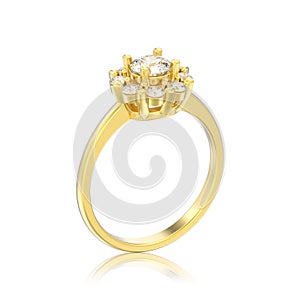 3D illustration isolated gold halo wedding diamond ring with heart prongs with reflection