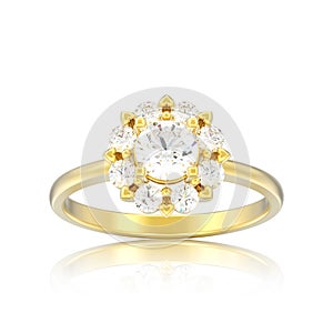 3D illustration isolated gold halo wedding diamond ring with heart prongs with reflection