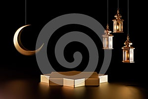 3d illustration of isolated Islamic background with ramadan lantern, crescent and golden pedestal