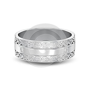 3D illustration isolated silver decorative wedding bands carved