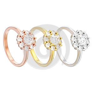 3D illustration isolated three different gold halo wedding diamond rings with heart prongs