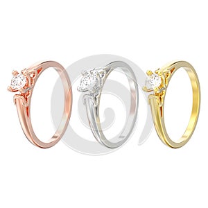 3D illustration isolated three yellow rose and white gold or silver solitaire wedding diamond rings with heart prongs