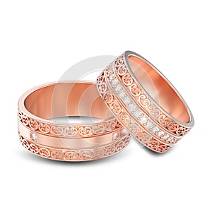 3D illustration isolated two rose gold decorative wedding bands