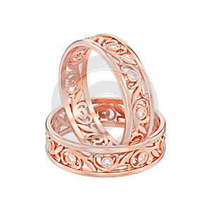 3D illustration isolated two rose gold matching couples wedding