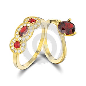 3D illustration isolated two yellow gold three rubies stone solitaire engagement ring and engagement illusion twisted ring with r
