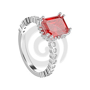 3D illustration isolated white gold or silver diamonds decorative ring with red ruby