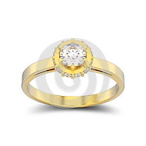 3D illustration isolated yellow gold halo bezel pave diamond ring with shadow