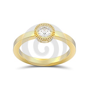 3D illustration isolated yellow gold wedding solitaire round diamond bezel ring with shadow