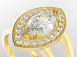 3D illustration isolated zoom macro yellow gold two shanks diamond ring