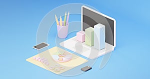 3d illustration isometric online market analysis of sales and purchase statistics.