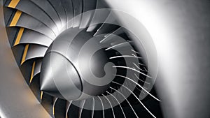 3D illustration jet engine, close-up view jet engine blades. Rotating blades of the turbojet. Part of the airplane