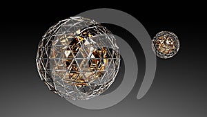 3D illustration, jewel-like golden broken spheres in silver cages, suitable for wallpaper, backdrop, background, with