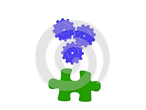 3D Illustration of a jigsaw puzzle piece and three turning gears