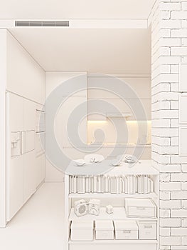 3d illustration kitchen interior design panorama in white color.