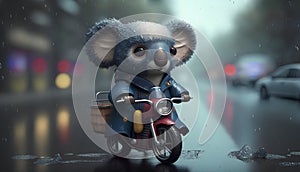 3d illustration of a koala on a motorcycle in the rain