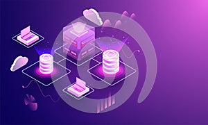 3D illustration of laptop and database connected with cloud server for Data center concept based isometric design.
