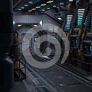 3D-illustration of a large corridor in a science fiction starship