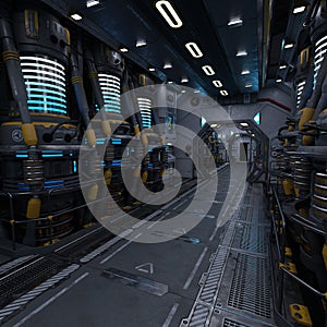 3D-illustration of a large corridor in a science fiction starship