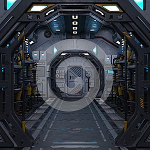 3D-illustration of a large corridor in a science fiction starship