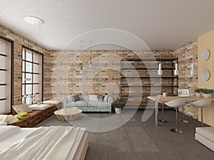 3D illustration of large empty modern room in loft style