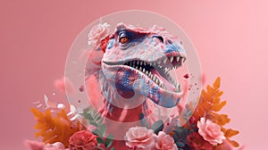 3d illustration of a large wild dinosaur in colors on a pink background. Print, designer, clothing, badge, logo.