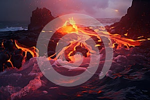 3D illustration of a lava flow flowing into the sea at sunset, Lava is entering the ocean with many small flows, AI Generated