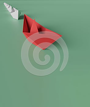 3D illustration of leadership concept, a red paper boat on the right side lead a group of white paper boat on line from left to