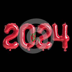 3d illustration of letter about new year 2024 with balloons on color Morocco flag