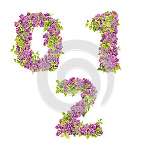 3D illustration of Lilac flowers alphabet - digits 0-2