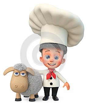 3d illustration little boy cook stands with a lamb