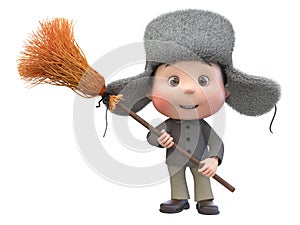3d illustration of a little boy in winter clothes with a broom