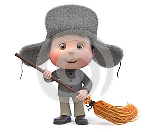 3d illustration of a little boy in winter clothes with a broom