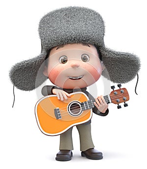 3d illustration of a little boy in winter clothes with a guitar