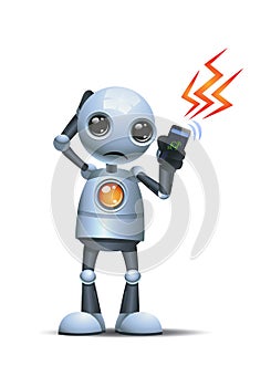 3d illustration of little robot afraid to answer business call communication