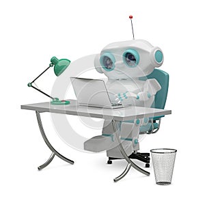 3D Illustration of the Little Robot Behind the Table