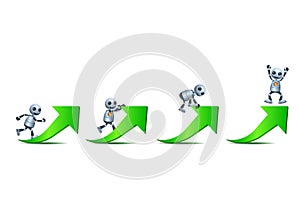 3d illustration of  little robot business challenges himself climbing green arrow