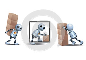 3d illustration of little robot business working together fill the boxes into storage