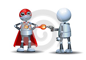 3d illustration of  little robot confrontation super hero shot by criminal