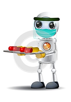 3D illustration of a little robot doctor carry pills for covid-19 vaccine experiment