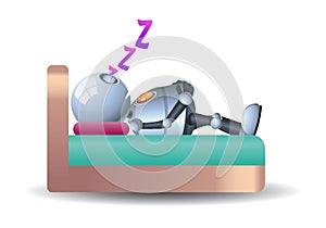 3d illustration of  little robot fat obesity sleeping on bed