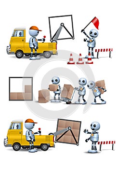 3d illustration of  little robot  handy robot  man working lifting and storage