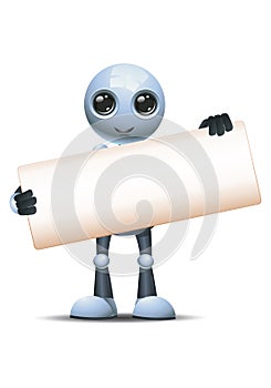 3d illustration of little robot hold wide blank sign communication in front