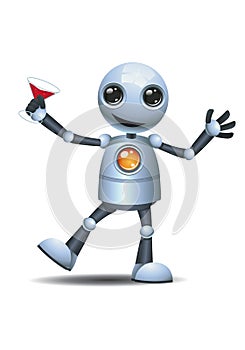 3d illustration of  little robot holding beverage while dancing smiling