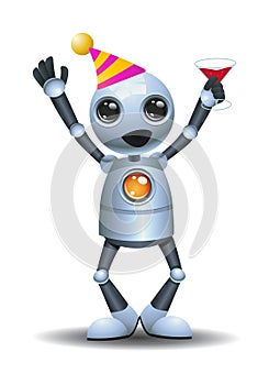 3d illustration of  little robot holding beverage while dancing wearing party hat