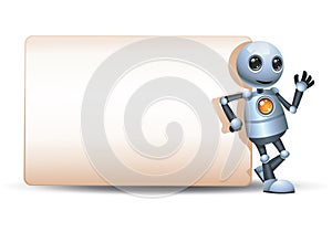 3d illustration of little robot lean back big blank sign communication