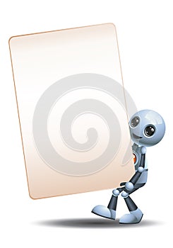 3d illustration of little robot moving big blank sign communication